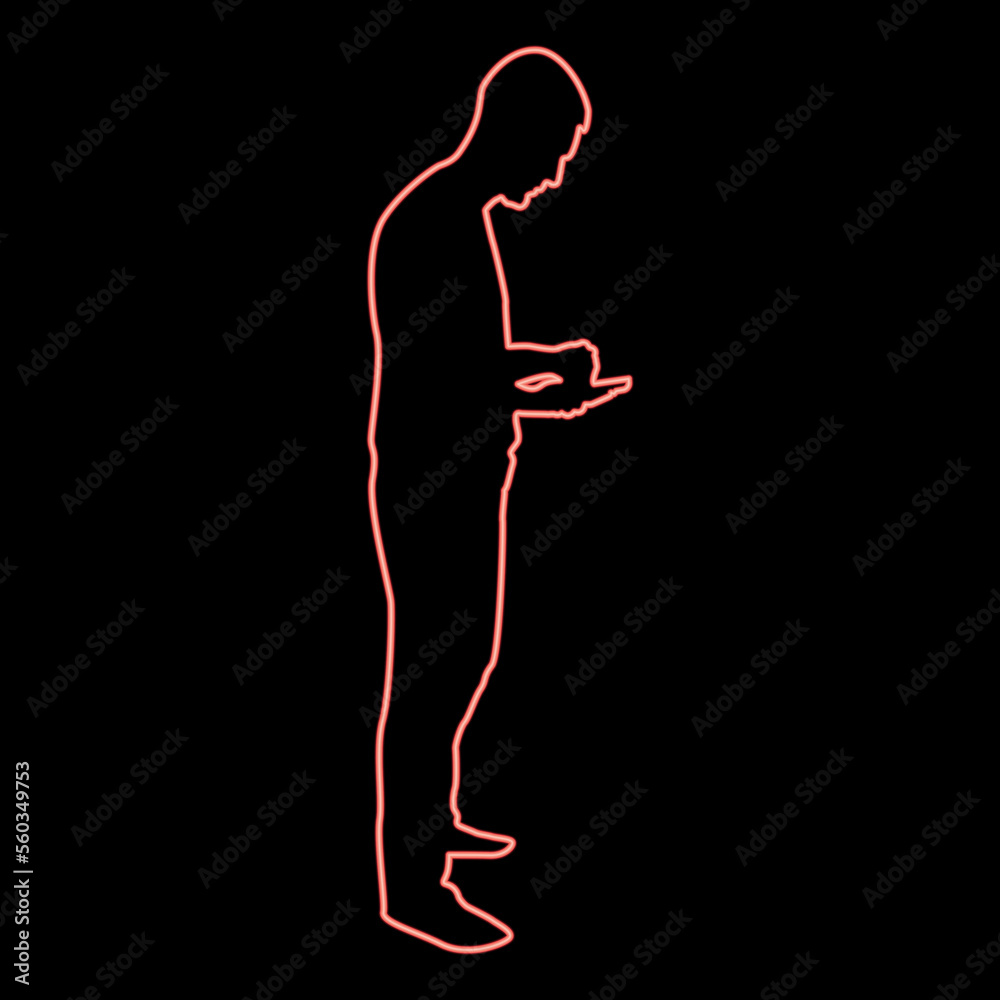Neon man holding smartphone phone Playing tablet Male using communication tool Idea looking phone addiction Concept dependency from modern technologies red color vector illustration image flat style