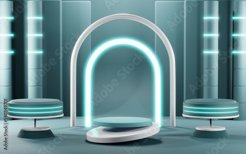 3D render of pastel template soft blue minimal podium room background for show products. Mockup background for cream cosmetics