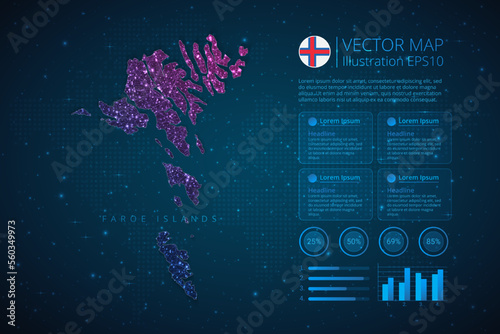 Faroe Islands map infographics template for diagram, graph, presentation and chart with abstract geometric mesh polygonal light concept on blue background. Vector Illustration EPS10.