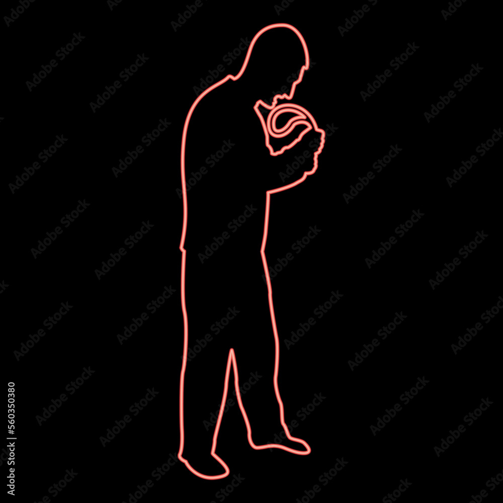 Neon angry man with belt in hand for punishment warns Violence in family concept Abuse idea Domestic trouble Fury male threatening victim Social problem Husband father emotionally aggression against 