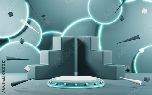 3D render of pastel template soft blue minimal podium room background for show products. Mockup background for cream cosmetics