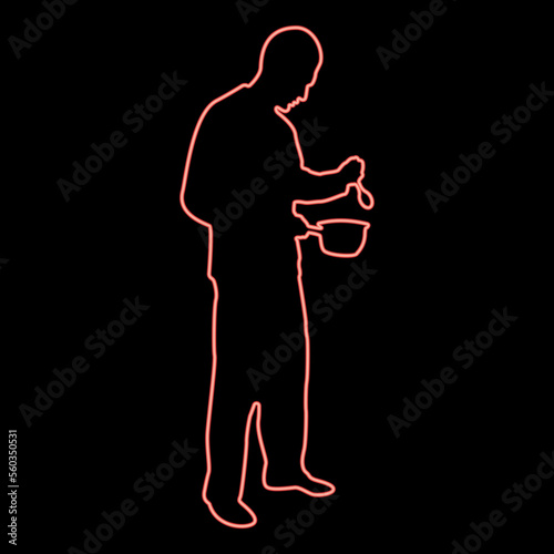 Neon man with saucepan spoon in his hands preparing food Male cooking use sauciers red color vector illustration image flat style © Serhii