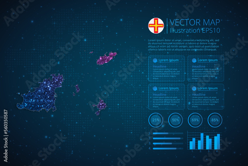 Guernsey map infographics template for diagram, graph, presentation and chart with abstract geometric mesh polygonal light concept on blue background. Vector Illustration EPS10.