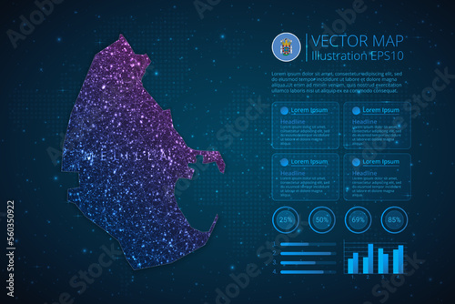 Melilla map infographics template for diagram, graph, presentation and chart with abstract geometric mesh polygonal light concept on blue background. Vector Illustration EPS10.