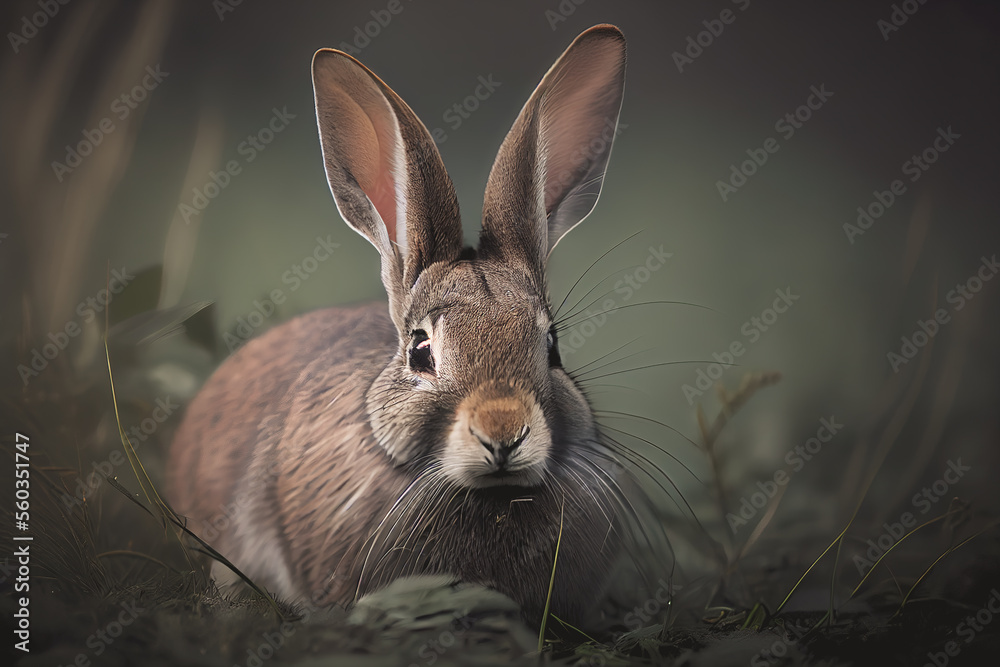 Obraz premium Adorable close-up of a small rabbit sitting amidst green grass. Perfect for showcasing the cute and fluffy side of nature