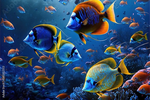  a group of fish swimming in a large aquarium filled with water and corals, with a blue background and a yellow and orange fish in the foreground with a black border, and.