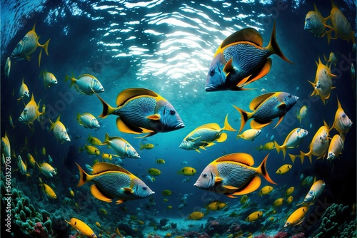  a group of fish swimming in the ocean together under water surface with sunlight coming through the water and a large group of fish swimming in the water below the water surface, with a lot.