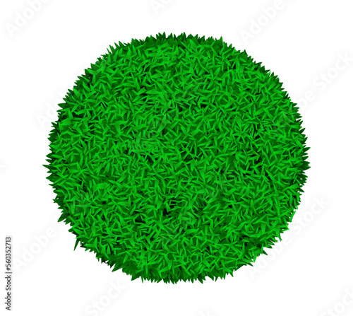 Green round astroturf rug with grass texture. Carpet or lawn top view. Vector background. Baseball, soccer, football or golf field. Fake plastic or fresh natural ground for game play.