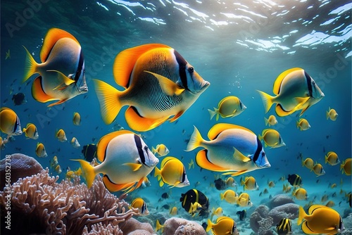 Fototapeta Naklejka Na Ścianę i Meble -   a group of fish swimming in the ocean near a coral reef with a sun shining on the water surface behind them and a coral reef with fish in the foreground, and a sun.