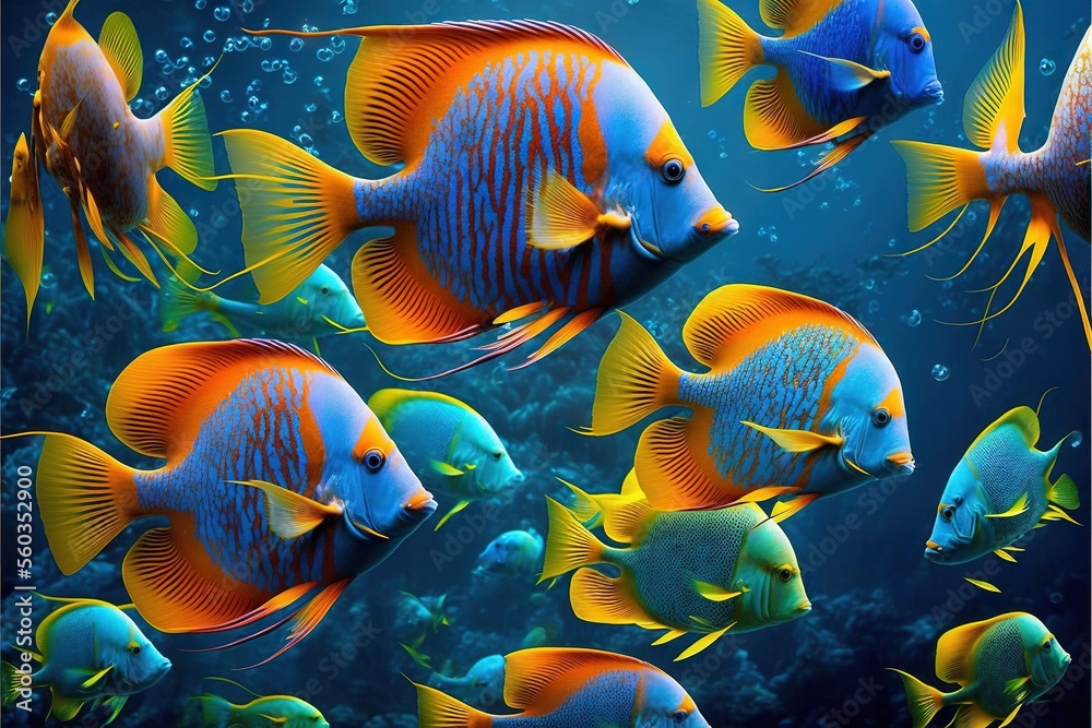 a group of colorful fish swimming in a large aquarium with blue water and  corals in