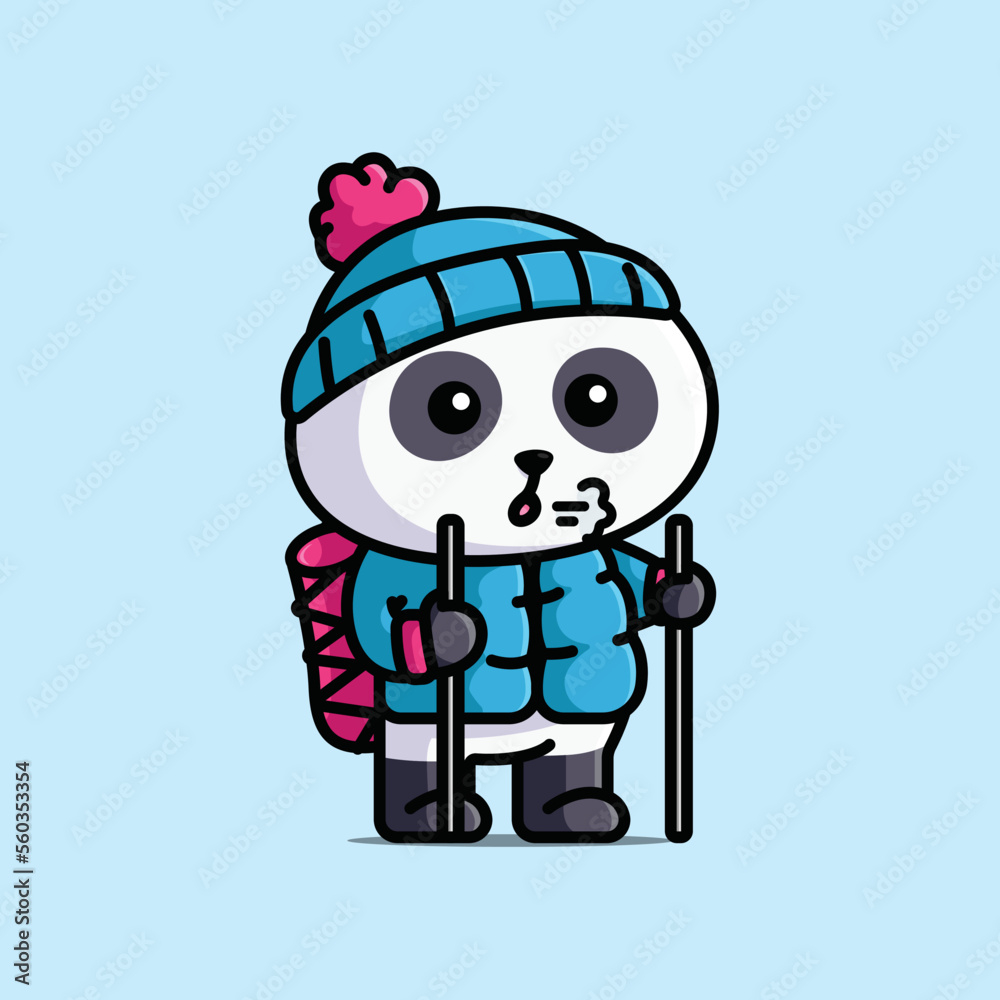 Cute climbers panda holding sticks wearing beanie and warm jackets cartoon illustration