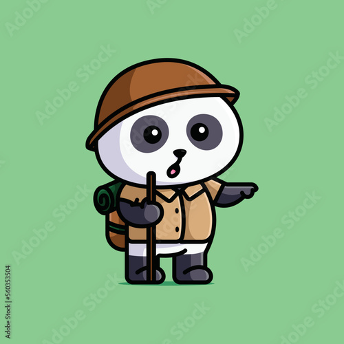 Cute adventurer explorer panda with hat and backpacker cartoon illustration vector animal nature © Satisfactoons