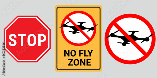 No fly drone sign. Vector sign prohibiting flights and filming in the specified area. Crossed-out quadcopter in a red circle. Unmanned aerial vehicle, emblems and icons.