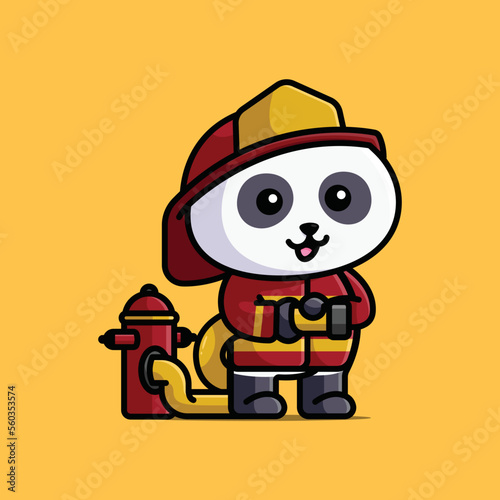 Cute fireman panda holding the water hose cartoon illustration animal nature free isolated