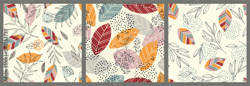Set of scandinavian seamless doodle pattern with vintage leaves sketch.  For wrapping paper. Ideal for wallpaper, surface textures, textiles.