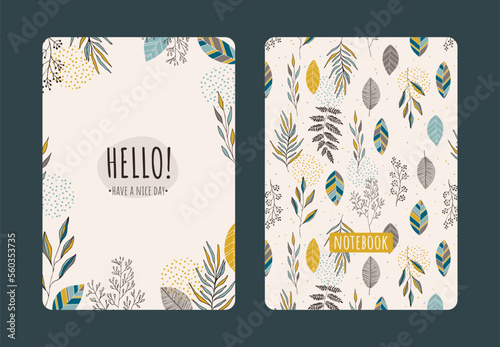 Cover design with floral pattern. Hand drawn plants. Scandinavian artistic background with herbs. Invitation, greeting card, cover book, notebook. Size A4. Vector illustration