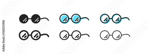 Glasses with shackle set icon. Eyeglasses, ophthalmologist, poor eyesight, proximity, sunglasses, frame. Spectacles concept. Six vector line icon in different styles