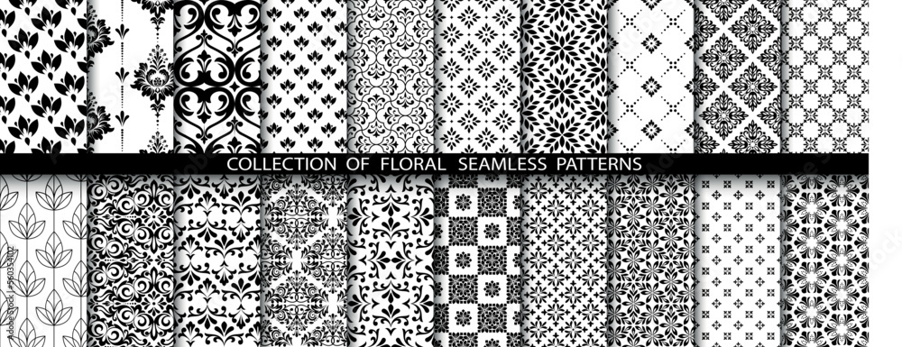 Geometric floral set of seamless patterns. White and black vector backgrounds. Damask graphic ornaments. Geometric floral set of seamless patterns. White and black vector backgrounds. Damask graphic ornaments.