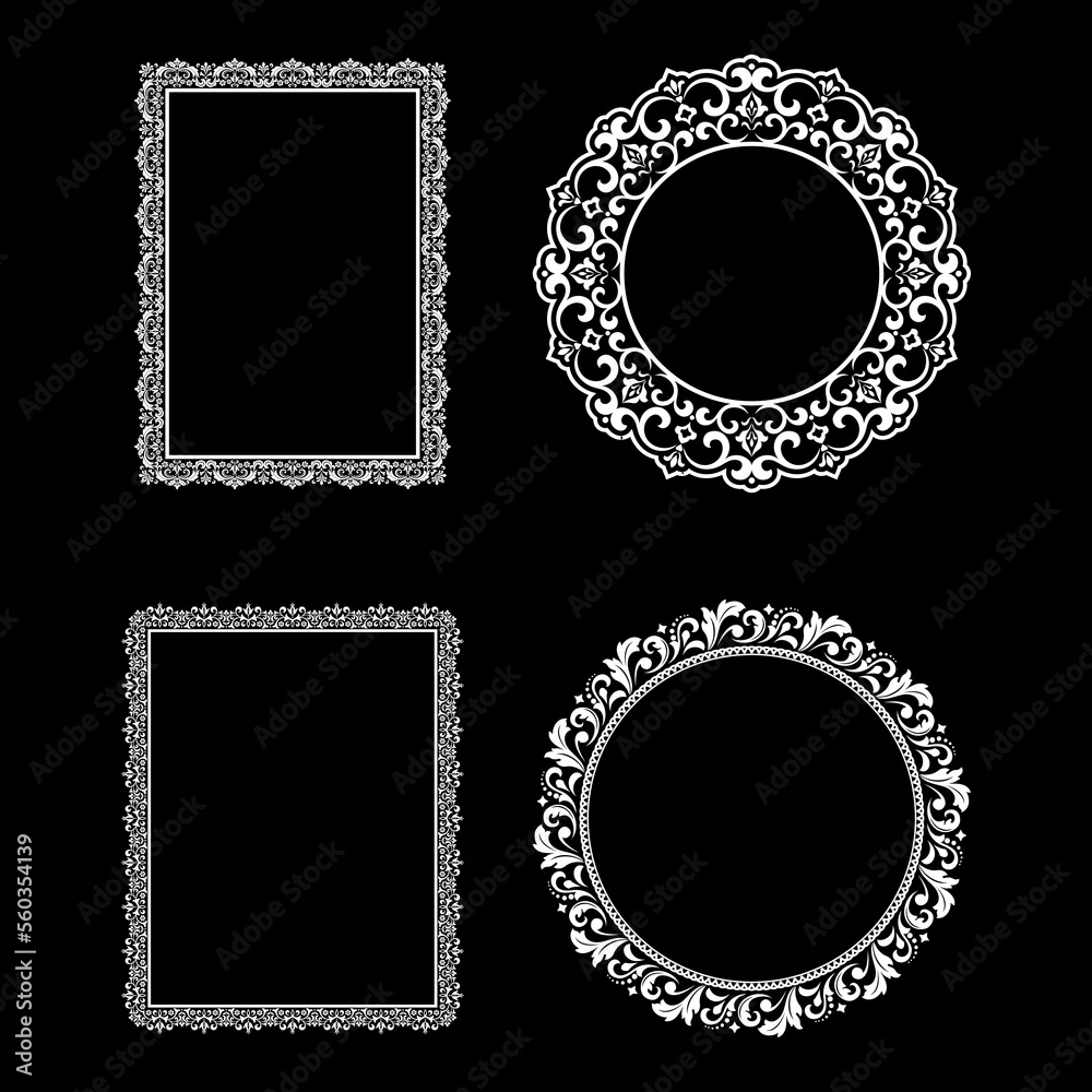 Set of decorative frames Elegant vector element for design in Eastern style, place for text. Floral black and white borders. Lace illustration for invitations and greeting cards. Set of decorative frames Elegant vector element for design in Eastern style, place for text. Floral black and white borders. Lace illustration for invitations and greeting cards.