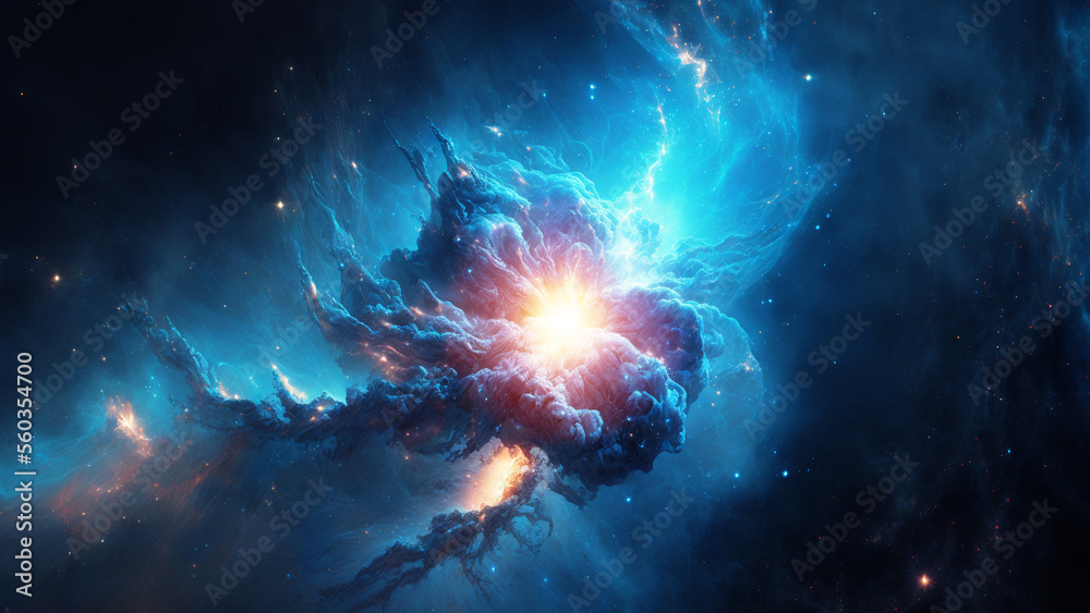 Large panoramic view of a colorful dark blue nebula in space. Cosmic background with bright shining stars, galaxies and deep universe. Generative ai