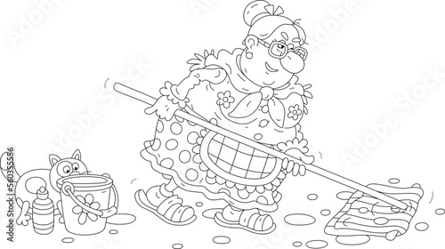 Funny fat housewife industriously mopping a floor with a rag and water from a bucket, black and white outline vector cartoon illustration for a coloring book