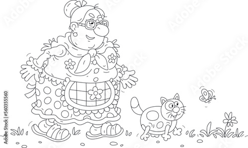 Funny elderly fat housewife walking with her fattened domestic cat around a yard, black and white outline vector cartoon illustration for a coloring book
