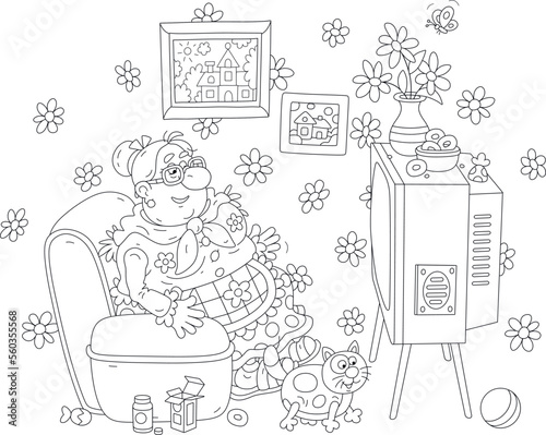 Funny elderly fat housewife with her fattened domestic cat sitting in an easy chair and watching a retro TV set in a room decorated with old pictures and field flowers, vector cartoon illustration