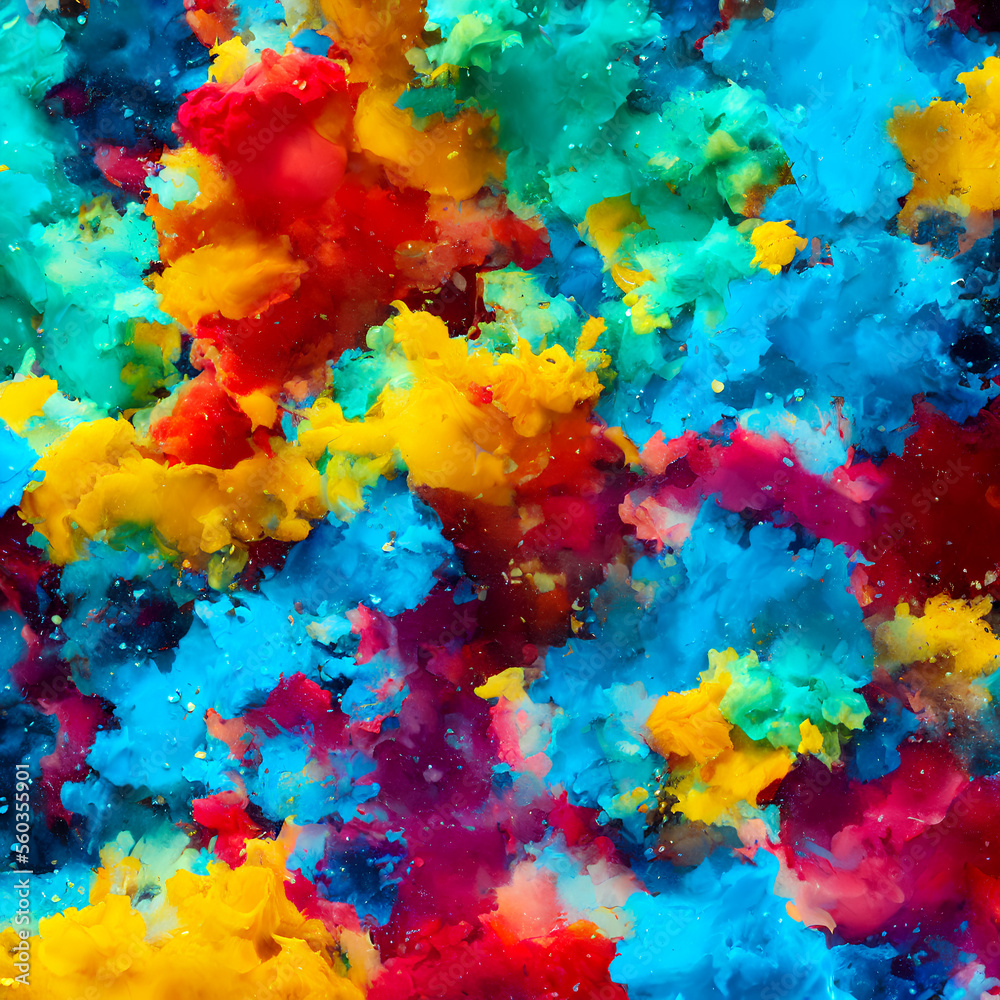 Generative AI. An abstract background featuring yellow, red and blue paint splashes, a watercolor painting of waves, and a digital modern art piece with high resolution in 4K.