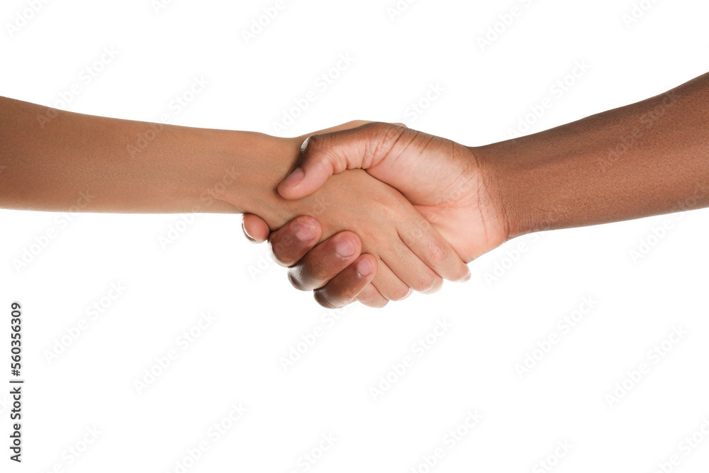 Woman and African American man shaking hands on white background, closeup