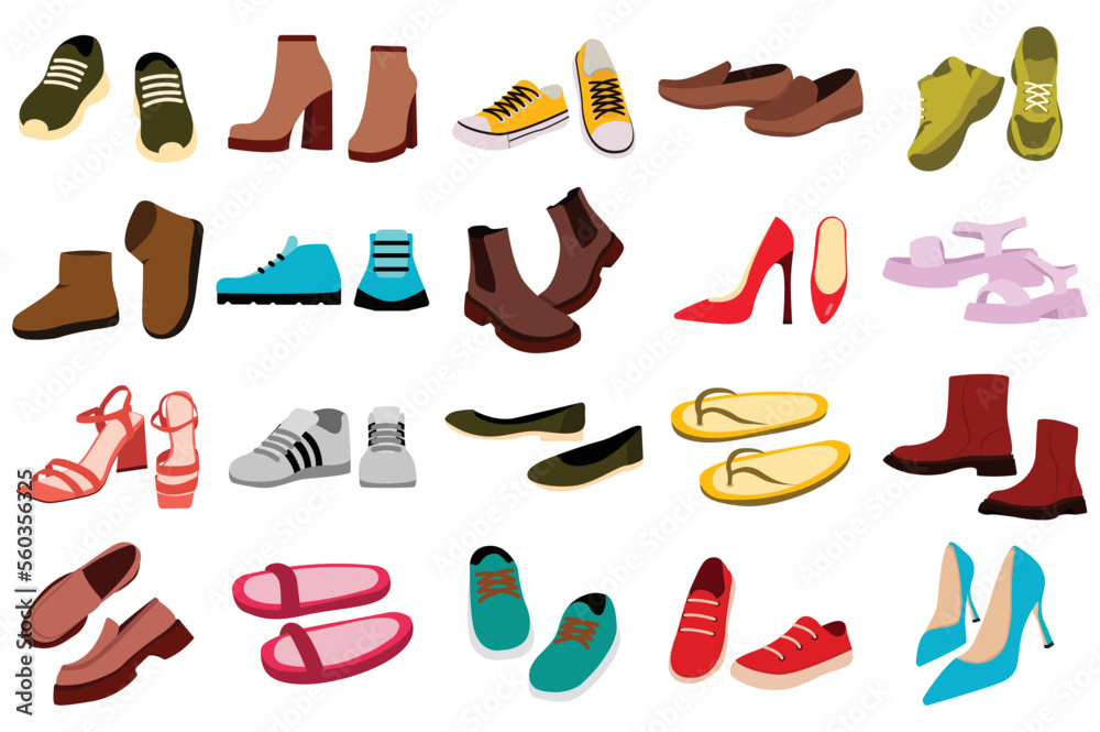 Footwear set concept without people scene in the flat cartoon design. Images of different types of men's and women's shoes. Vector illustration. Footwear set concept without people scene in the flat cartoon design. Images of different types of men's and women's shoes. Vector illustration.