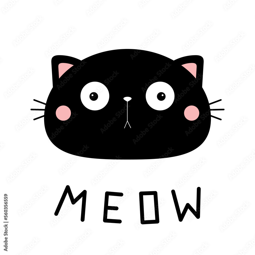Meow. Cat head face silhouette icon. Black kitten. Surprised kawaii smiling doodle animal. Cute cartoon funny character. Pet collection. Sticker print. Flat design Baby background. Isolated. Meow. Cat head face silhouette icon. Black kitten. Surprised kawaii smiling doodle animal. Cute cartoon funny character. Pet collection. Sticker print. Flat design Baby background. Isolated.