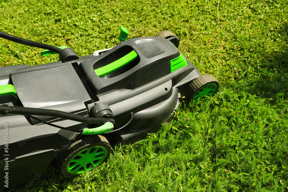 Cutting green grass with lawn mower in garden Cutting green grass with lawn mower in garden