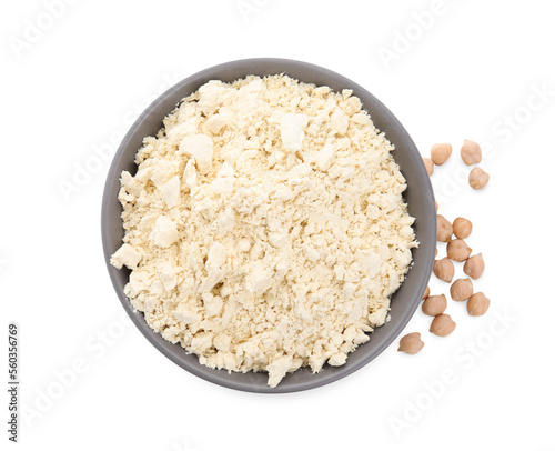 Chickpea flour in bowl and seeds isolated on white, top view
