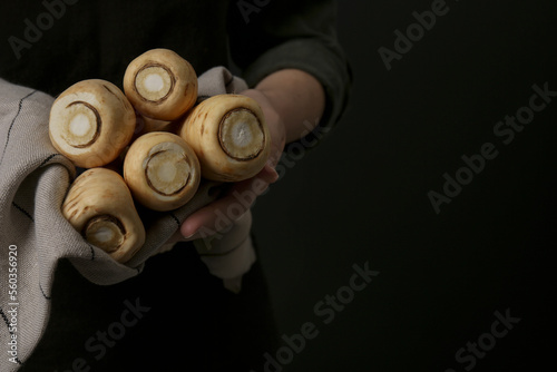 Woman holding fresh ripe parsnips on black background, closeup. Space for text