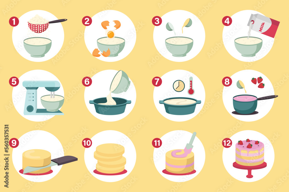 Step by step preparation cake set concept without people scene in the flat cartoon style. Instructions for step-by-step cake preparation. Vector illustration.