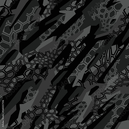 Seamless pattern with camouflage geometric trendy ornament. Abstract shapes and hexagonal grid background for fabric and fashion textile print. Grunge military camo vector texture.