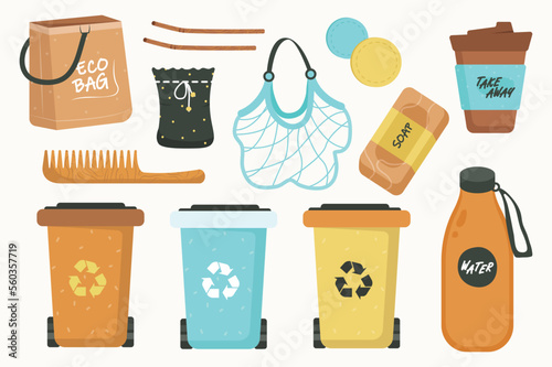 Hand drawn zero waste element collection set concept without people scene in the flat cartoon style. Images of things that need to be sorted into trash cans. Vector illustration.