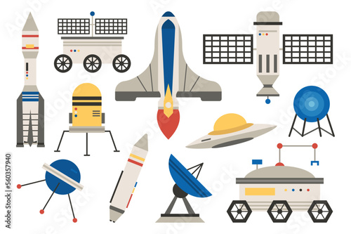 Space ship transport set concept without people scene in the flat cartoon design. Image of special transport used during space flights. Vector illustration.