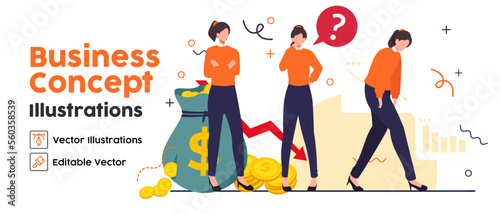 Business Concept illustrations. set Collection of scenes with women taking part in loss money business activities. Vector illustration