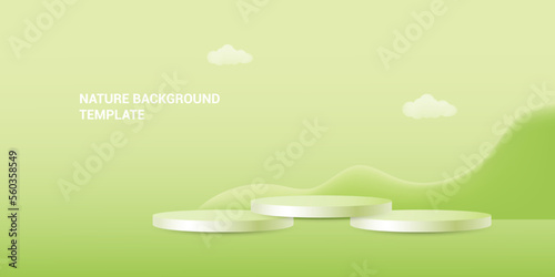 minimal geometric shape template  3d Paper cut abstract background. Green cylinder podium on green nature mountains hills landscape.Vector illustration.
