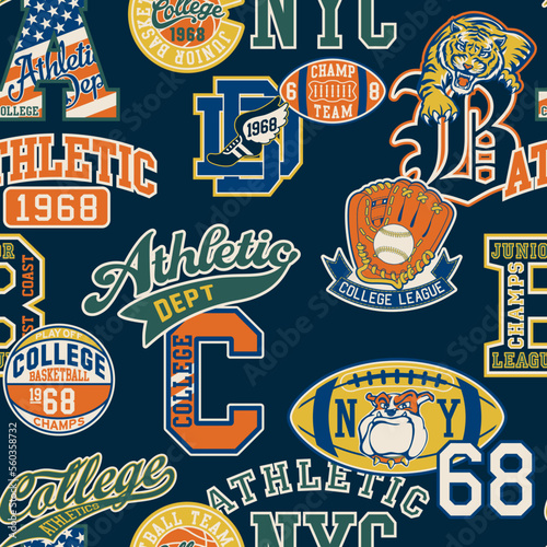 College athletic elements badges patchwork vintage vector seamless pattern for sport wear