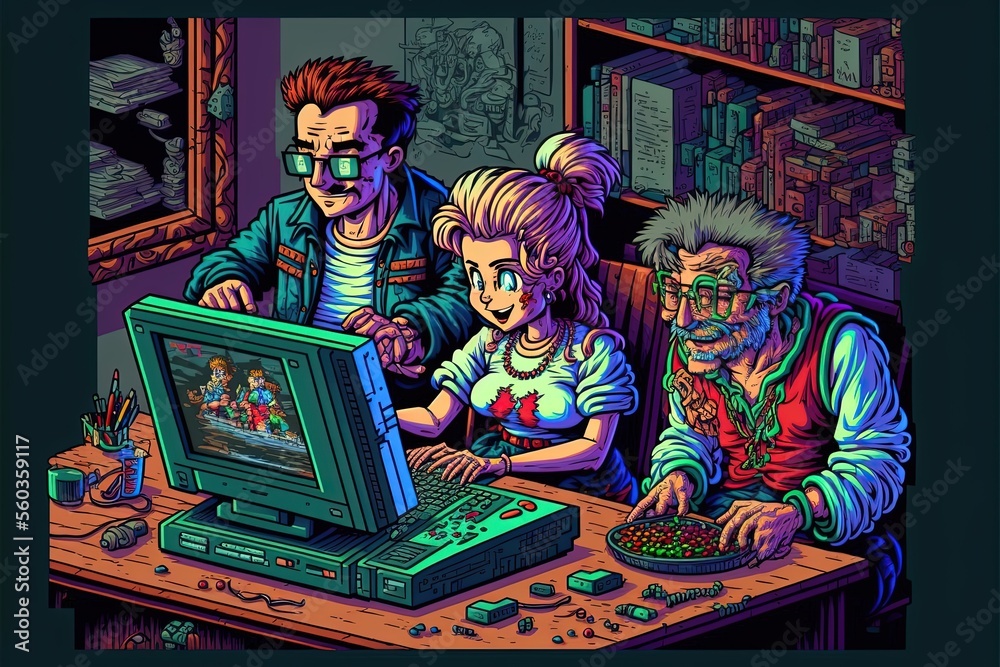 Fototapeta premium A retroactive group of young people gaming in a style of 1990s point-and-click 16bit games generative ai pixelart