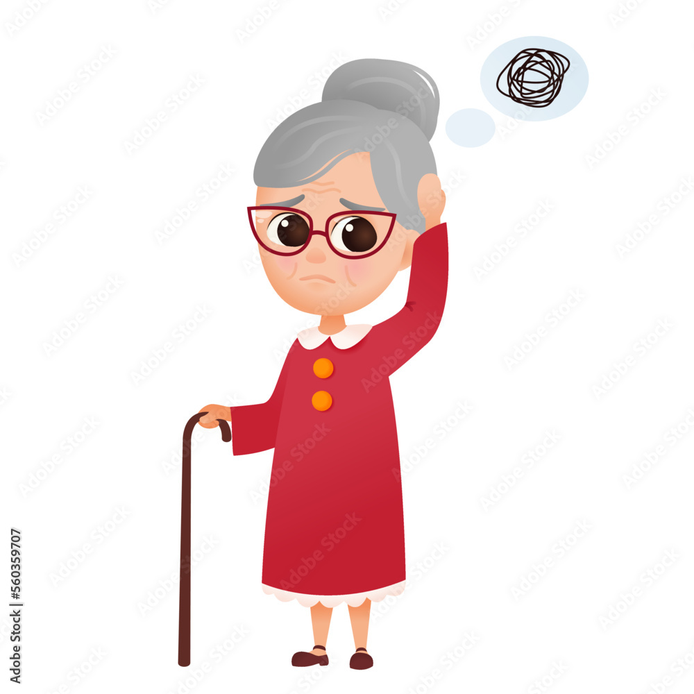 Senior woman leans on cane with dementia. Sad Elderly female confused