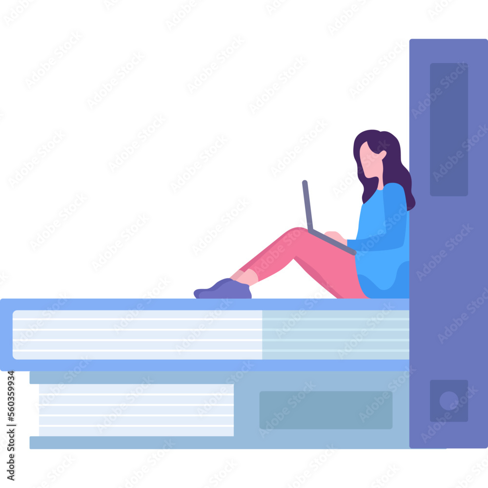 Woman with laptop on book stack vector icon