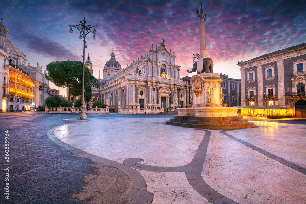 Catania, Sicily, Italy. Cityscape image of Duomo Square in Catania, Sicily with Cathedral of Saint Agatha at sunrise.