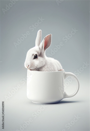 coffee mug mockup with rabbit. AI Generated mockup of a cartoonish rabbit hold coffee mug. Blank Cup mock up. © shevtsovy
