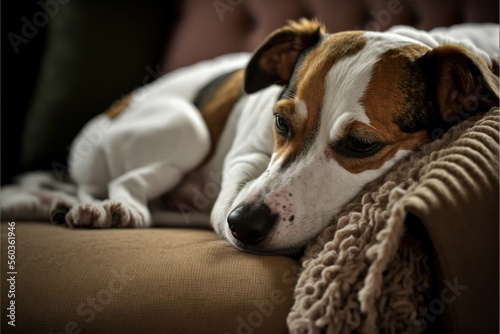 Portrait f a sleeping Jack Russell dog on a sofa. Generative ai