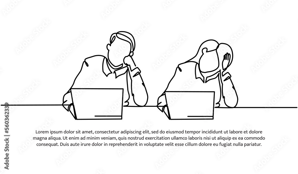 Naklejka premium Continuous line design of male and female workers limp in front of laptop. Work fatigue design concept. Decorative elements drawn on a white background.