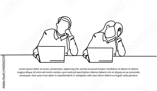 Continuous line design of male and female workers limp in front of laptop. Work fatigue design concept. Decorative elements drawn on a white background.