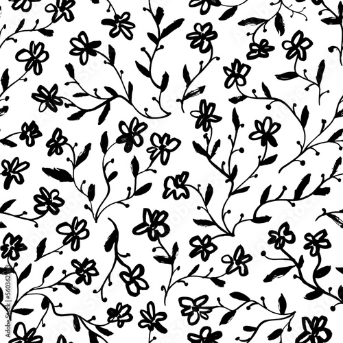 Small flowers on stems seamless pattern. Scattered cute flowers with thin stems and small leaves. Ditsy print. Simple botanical texture. Black and white spring ornament. Hand drawn botanical elements.